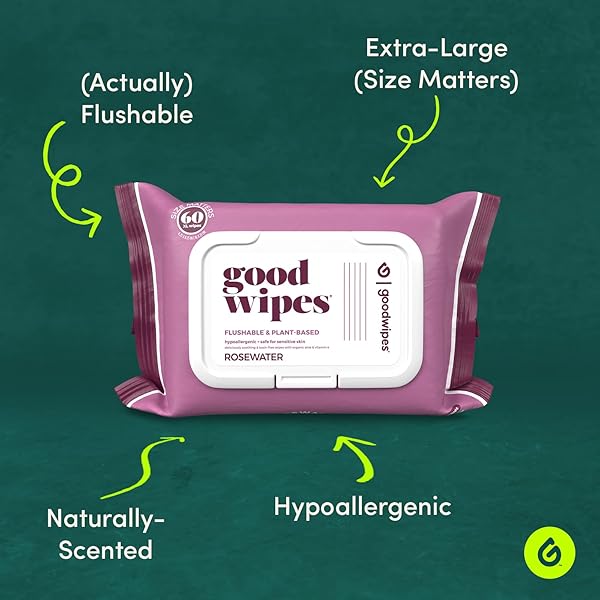 GOODWIPES FLUSHABLE BUTT WIPES MADE WITH VITAMIN E & ALOE – SOFT & GENTLE WET WIPE DISPENSER FOR HOME USE, SEPTIC & SEWER SAFE – LARGEST ADULT TOILET WIPES – ROSEWATER, 60 COUNT