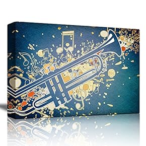 Trumpet Surrounded by a Splatter of Music Notes Over a Teal Background - Canvas Art Home Art - 12x18 inches