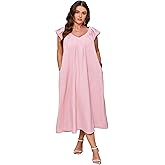 ShopWonder Womens Plus Size Loose Casual Dress Summer Short Sleeve V-Neck Midi Dress with Belt Pleated Ruffle Babydoll