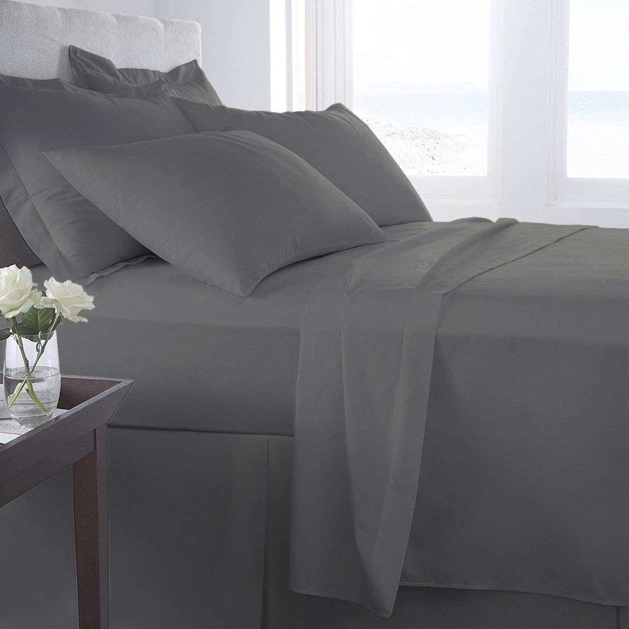 RayyanLinen 100% EGYPTIAN COTTON 200 THREAD COUNTS FITTED SHEET 9" DEPTH (CHARCOAL GREY, SINGLE)