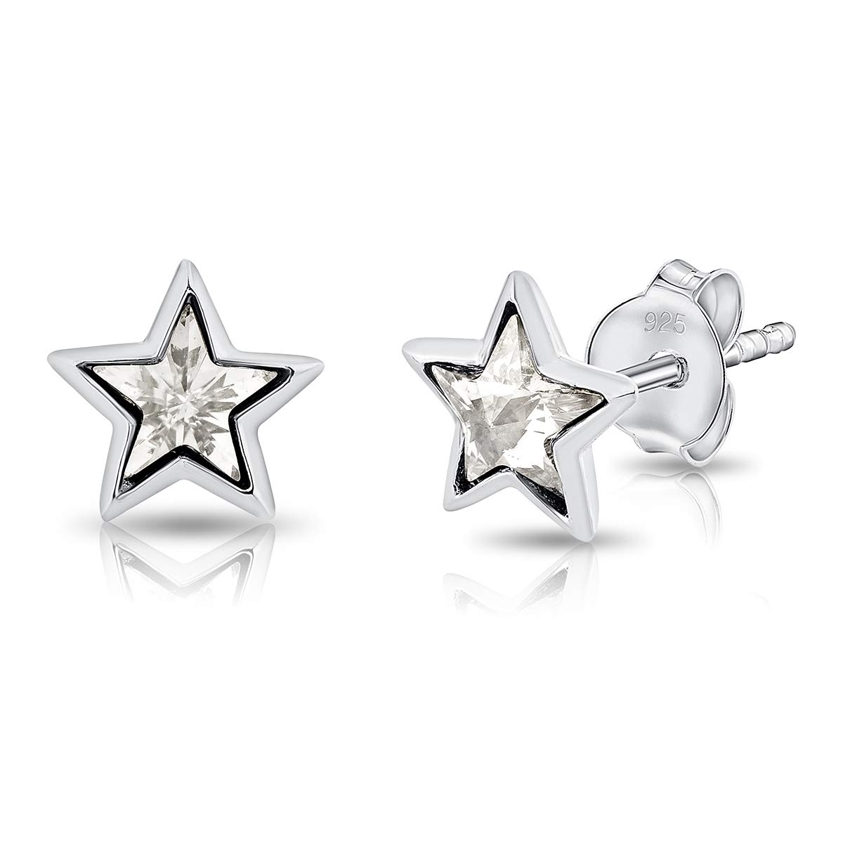 DTPsilver® Small 925 Sterling Silver and Crystal Star Stud Earrings - Diameter: 7 mm - Clear Crystal