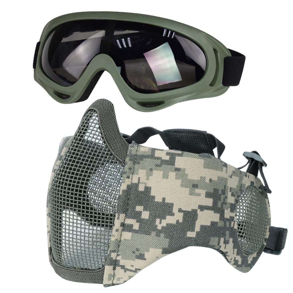 Hodeacc Airsoft Mask and Goggles Set,Half Face Metal Mesh Mask with Ear Protection,Anti UV Airsoft Glasses Eye Protection for Outdoor Hunting CS Game (ACU Mask)