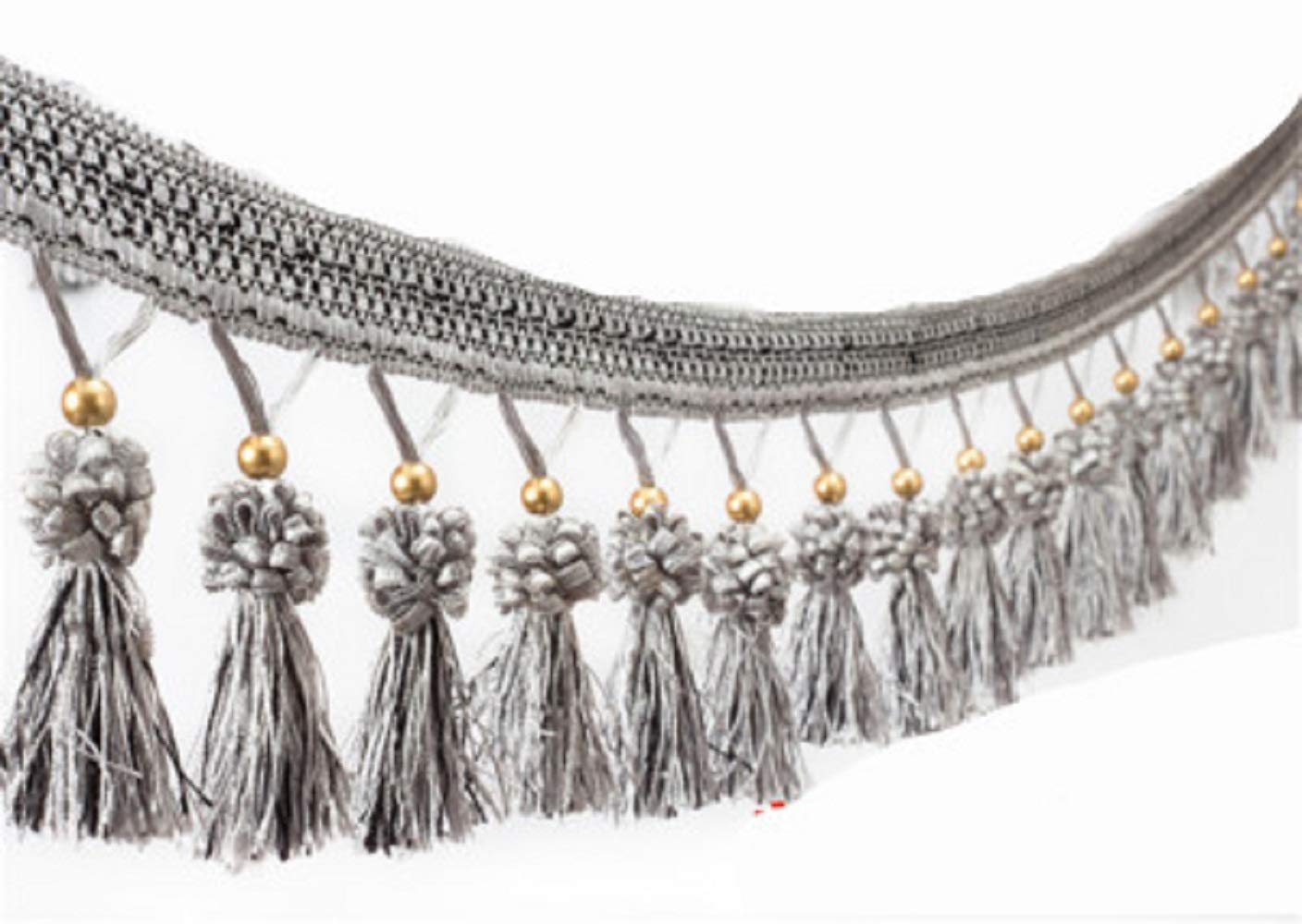 Yalulu 4 Yard European Style Braided Beaded Hanging Ball Tassel Fringe Trim Lace Ribbon Curtain Trim for Home Decoration (Grey)