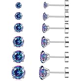 6 Pairs Hypoallergenic Surgical Steel Threaded Ear Studs for Cartilage, Helix, Lobe | Cubic Zirconia Flat Back Earrings for Women | Minimalist Everyday Jewelry Gifts