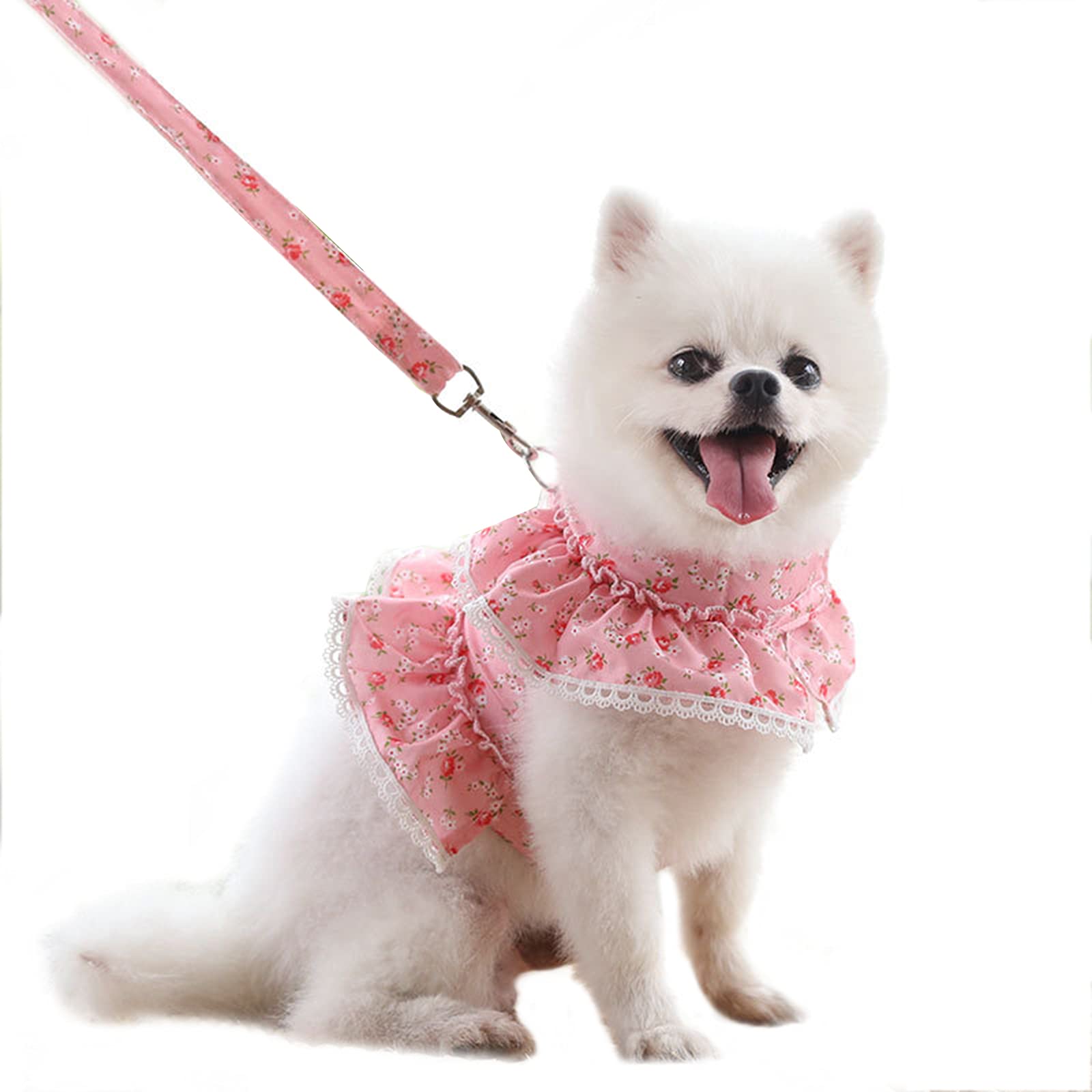 MeiAOBest Dog Harnesses with Leash Set,Soft Cotton Floral Lace Pet Vest Harnesses for Cats Puppy Samll Dogs Teddy Bichon (Pink, L)