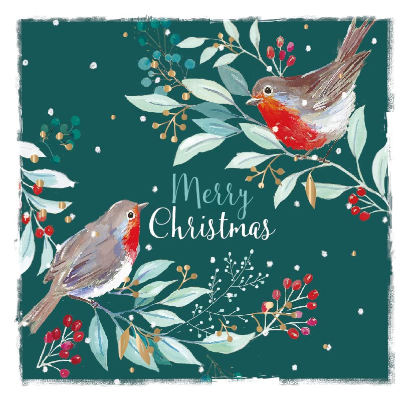 Robin Couple Winter Friends - Pack of 6 Festive Art Foiled Xmas Charity Christmas Cards by Ling Design