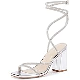 Coutgo Womens Lace Up Chunky Heels Rhinestone Sandals Square Open Toe High Block Heeled Wedding Dress Shoes
