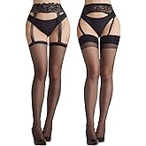 Aaronano 2 Pairs Womens Patterned Garter Tights Lace Suspender Pantyhose Sheer Thigh High Stockings