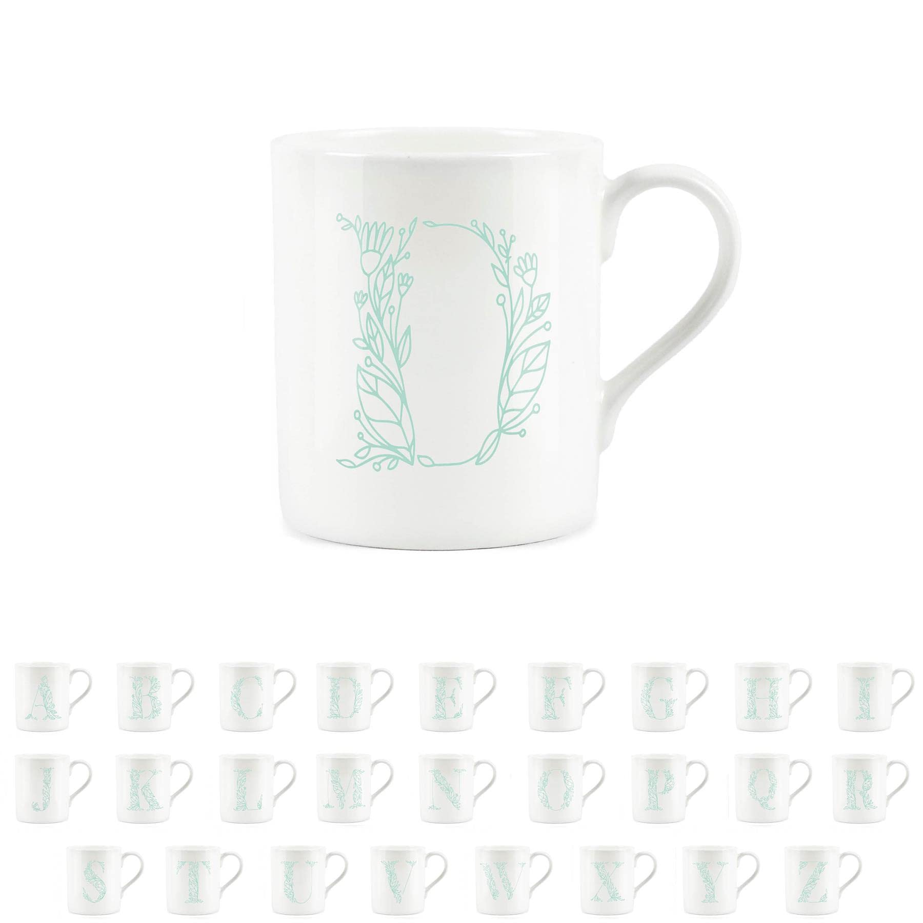 Purely Home Floral Green Letter D Mug - Fine Bone China Small Coffee Tea Mug Present Personalised Initial Gift