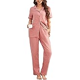 Flygo Cotton Pajamas for Women Set Short Sleeve Button Down Pajamas Soft Cute Pjs 2 Piece Lounge Set Sleepwear