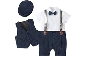 IDOPIP Baby Boy Gentleman Outfit Formal Tuxedo Suit Bowtie Romper Overalls with Vest Hat Birthday Wedding Party Clothes