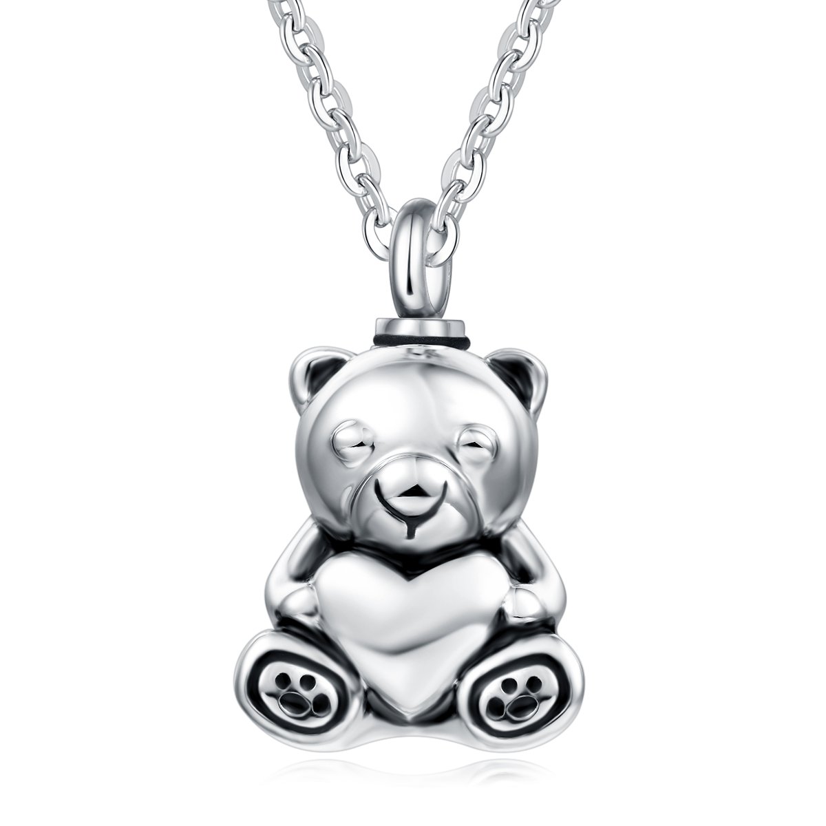 Quiges Stainless Steel Memorial Ash Holder Teddy Bear Pendant for Cremation Urn Keepsake with Adjustable Cable Chain Necklace 46 to 52 cm