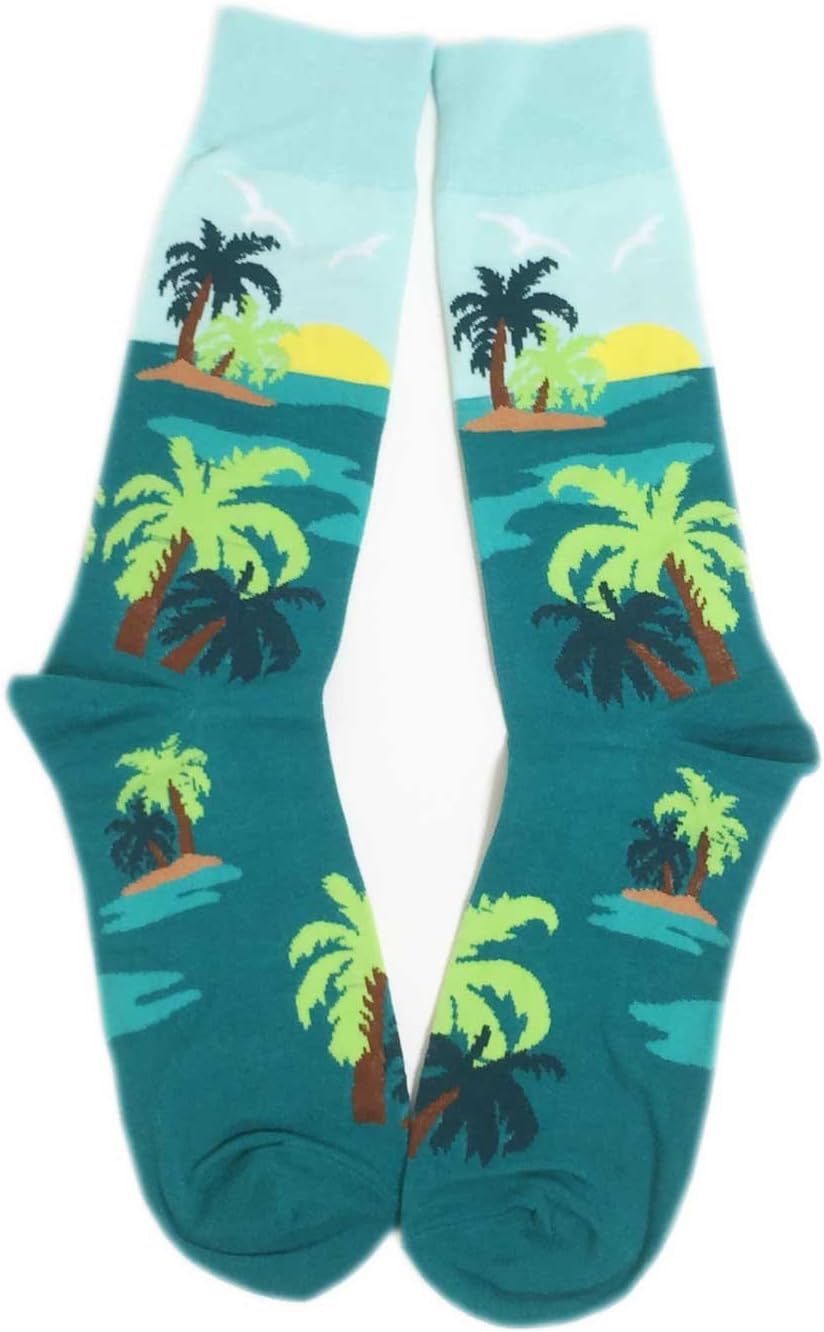 Aesthetinc Men Hawaii Palm Tree Hibiscus Flower Sunrise Sunset Cotton Crew Socks
