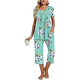 COFNEW Womens Summer Pajama Sets 2 Piece Short Sleeve Top and Capri Pants Plus Size Ladies Lounge Pjs Sets with Pockets