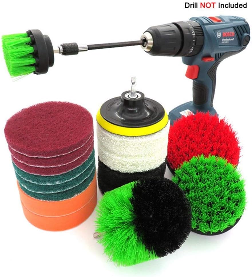Drill Brush + Scrub Pads, 18 Piece Scrub Brush Cleaning Kit, with Long Reach Attachment For Cleaning Pool Tile,Auto, Ceramic, Seats/Mat, Grout, Sinks, Bathtub, Bathroom, Kitchen Surface
