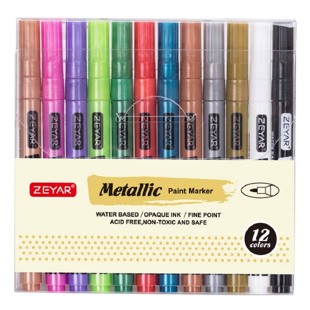 ZEYAR Acrylic Paint Pens, Water based, Fine Point, 12 Metallic colors, Acid Free, Opaque Ink, Great for greeting card, Album, Poster, Scrapbook and so on