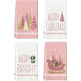 Artoid Mode Pink Sleigh Star Xmas Tree Merry Christmas Kitchen Towels Dish Towels, 18x26 Inch Farmhouse Holiday Winter Decoration Cleaning Set of 4