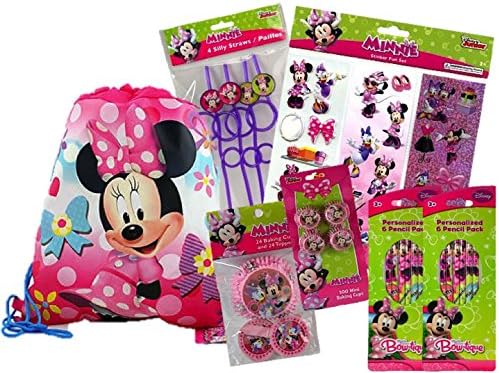 Children's Minnie Mouse Party Favors and Cupcake Set for 16 Guests-INCLUDES A BONUS Minnie Mouse Sling Bag for the Birthday Child!
