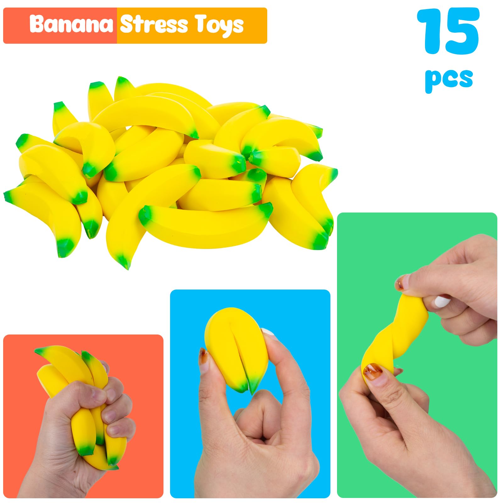 LovesTown 15PCS Banana Stress Toys, Banana Fidget Toys Mini Squeeze Toys for Kids Party Favors