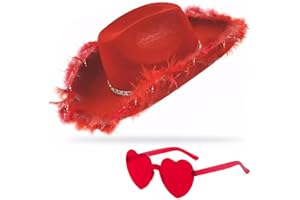 YBHOMINE Cowboy Hat with Heart Sunglasses - Cowgirl Hat with Feather Boa Brim for Women&Men,Bachelorette Party Halloween