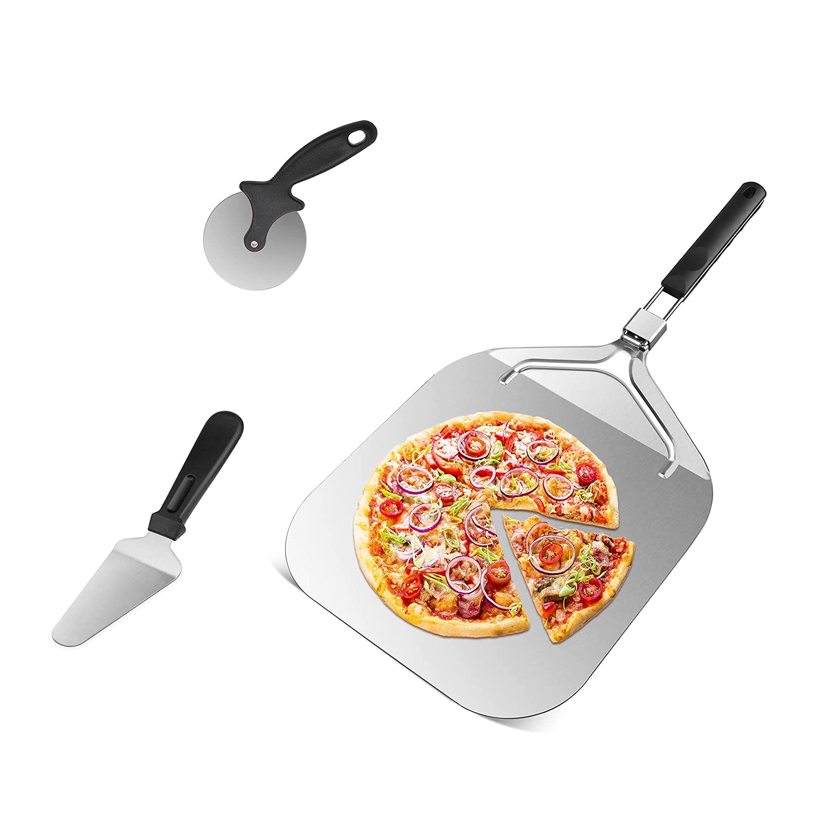Pizza Peel 14 inch, 3 in 1 Foldable Pizza Set Wheel Cutter Shovel Paddle Pan, Stainless Steel Spatula for Homemade Bakery Biscuits Toasting Cakes Bread