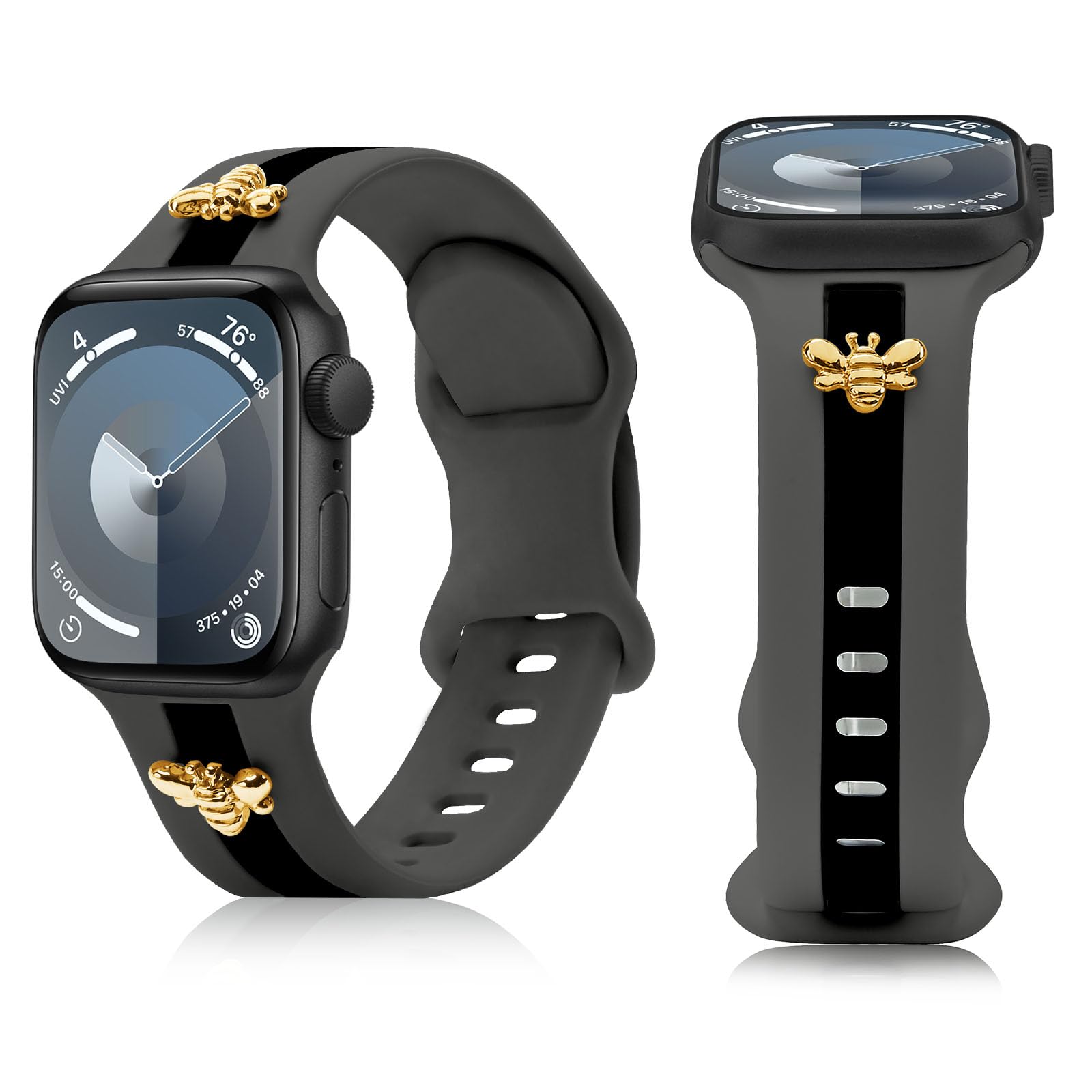Silicone Strap for Apple Watch Bands 45mm 44mm 46mm, Stylish Bracelet with Gold Bee Charms for iWatch Series 10 9 8 7 6 5 4 3 2 1 SE, Designer Sport Wristbands for Apple Watch Bands Ultra2 Gray Black