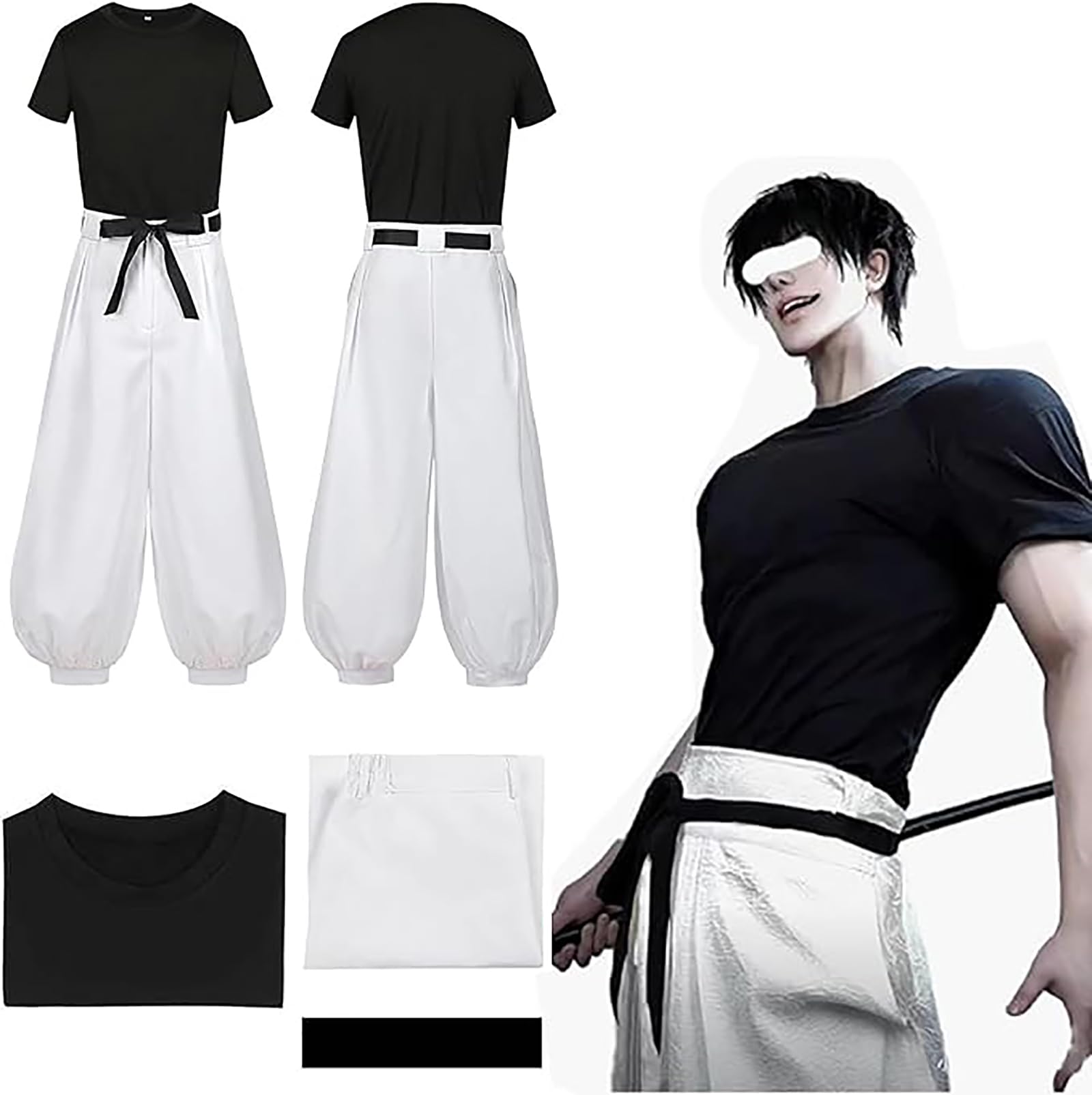 MeYuxg Toji Fushiguro Cosplay Costume, Anime Cosplay Costume, Black Short Sleeves/White Trousers, Carnival Costume Adult Anime Costume for Halloween, Role Play, Stage Performances, XL