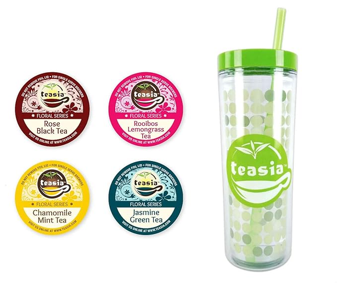 Teasia Brand Tea Pods + Tumbler, Floral Sampler Pack Chamomile Mint