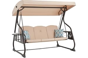 ZZW 3-Seat Patio Porch Swing 800LBS Outdoor Swing with Stand w/Canopy & Adjustable Backrest Patio Glider Chair w/Removable Pillows & Foldable Side Tray for Balcony Garden Deck (Khaki)