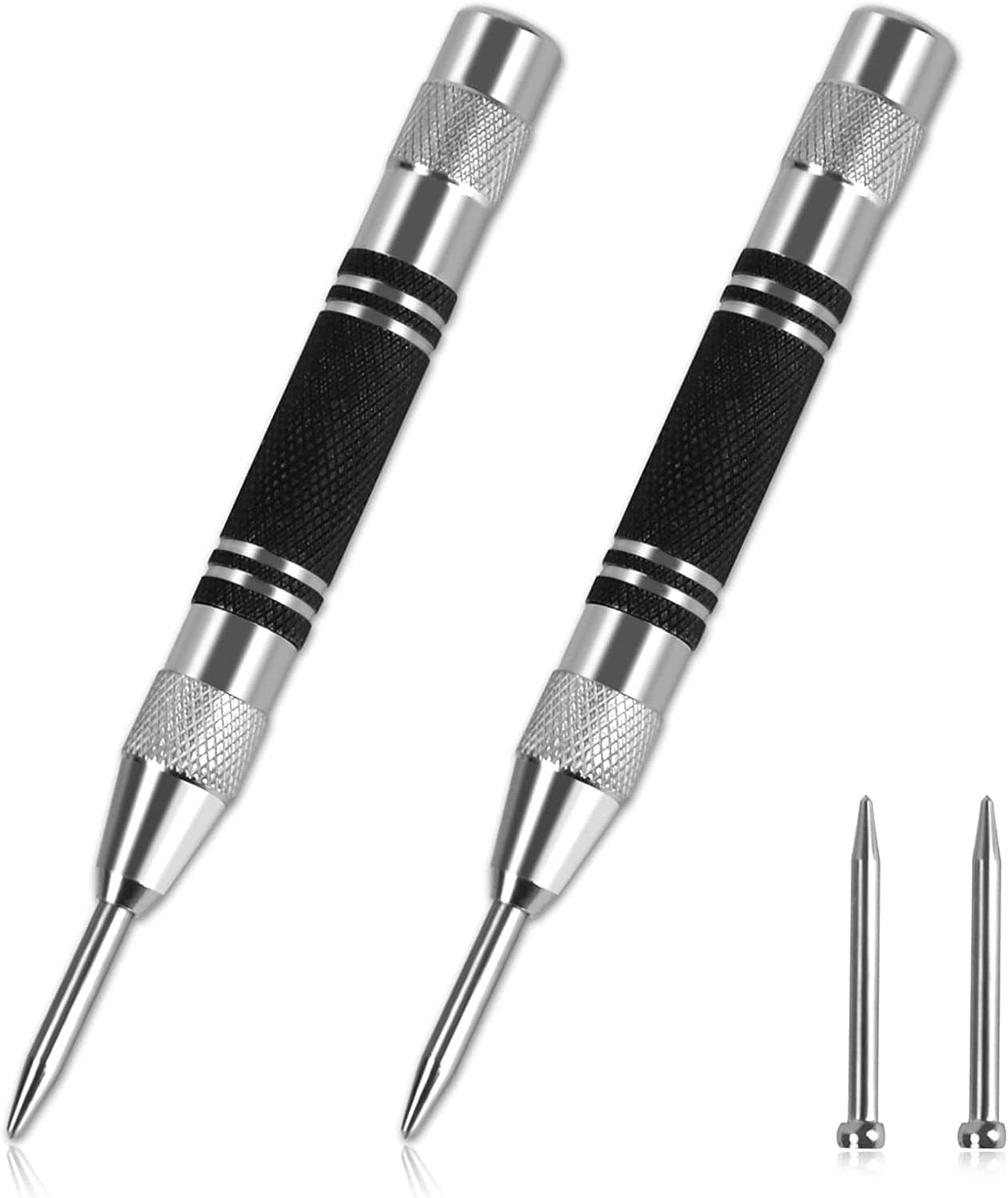 Set of 2 Automatic Metal Centre Punches, 130 mm, Automatic Centre Punch Tool, Automatic Centre Punch with 2 Replacement Tips for Metal, Wood, Glass and Thin Steel Sheets