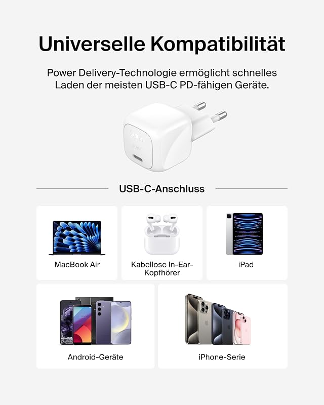 BoostCharge kompaktes Ladegerät, 30 W, für Reisen, USB-C Power Delivery zum Schnellladen für die Apple iPhone Serie 16. 15, 14, 13, 12, Samsung Galaxy S24, S23, iPad, AirPods, Tablets – Weiß