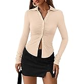PRETTYGARDEN Womens Button Down Shirts V Neck Collared Ruched Slim Fit Long Sleeve Shirt Casual Spring Fashion Ladies Tops
