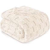 Exclusivo Mezcla King Size Flannel Fleece Blanket, Super Soft and Warm Lightweight Checkered Pattern Blankets for All Seasons, 90x104 Inches, Ivory