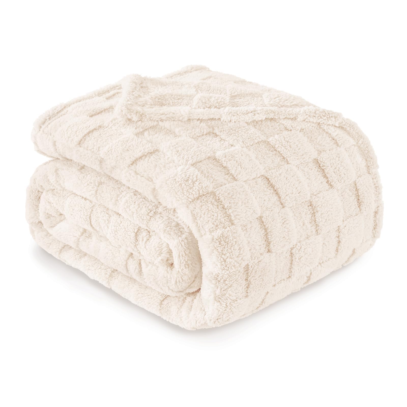 Exclusivo Mezcla Queen Size Flannel Fleece Blanket, Super Soft and Warm Lightweight Checkered Pattern Blankets for All Seasons, 230x230 CM, Ivory