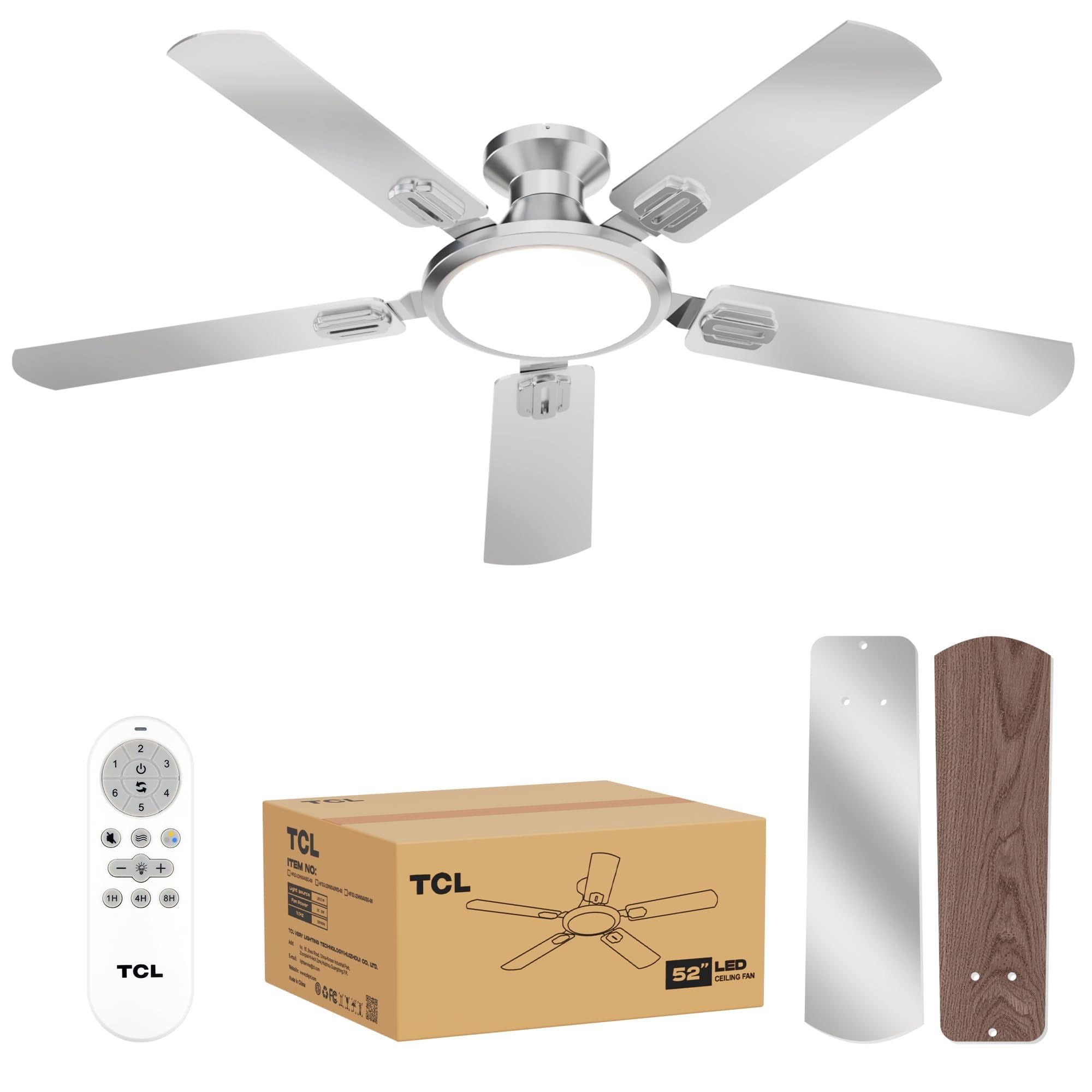 Photo 1 of TCL 52" Low Profile Ceiling Fan with Light, Slim, Silver, Flush Mount, DC Reversible Motor, 6 Speeds, Remote Control, Noiseless, Dimmable, LED Light, 3CCT, Modern Ceiling Fan for Bedroom Living Room