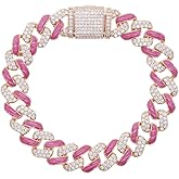 BEIBEINOYA 14K Gold Plated Pink Cubic Zirconia Cuban Link Tennis Bracelet for Women, Iced Out Pave Hip Hop Jewelry, AAA Grade CZ Fashion Accessories for Party Gifts