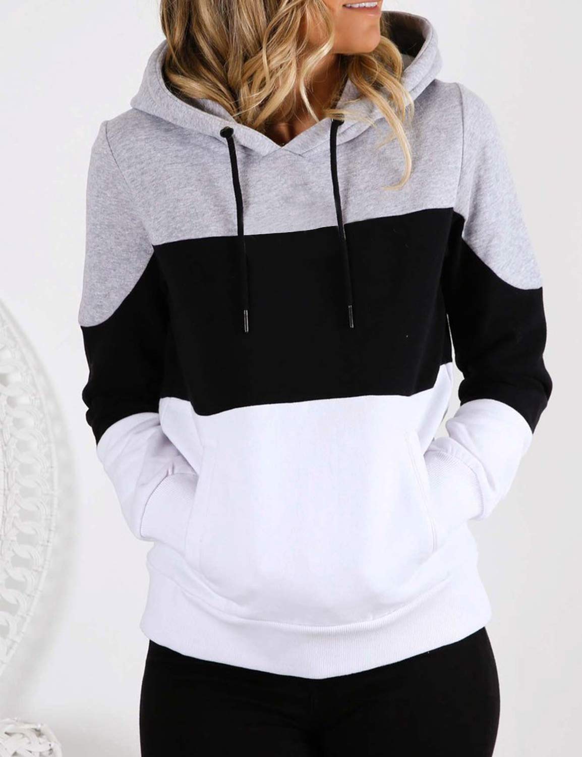 Blooming Jelly Womens Pullover Hoodie Long Sleeve Colorblock Terry Hooded Sweatshirt Top with Pocket(S,Black)