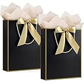 JMANNI Gift Bag, 2PCS Gift Bags Large with Ribbon and 2 Greeting Cards 4 Tissue Paper, Portable Paper Gift Bag with Handles, Birthday Gift Bags,Present Bags for Wedding Party Mothers Day(Black-Gold)