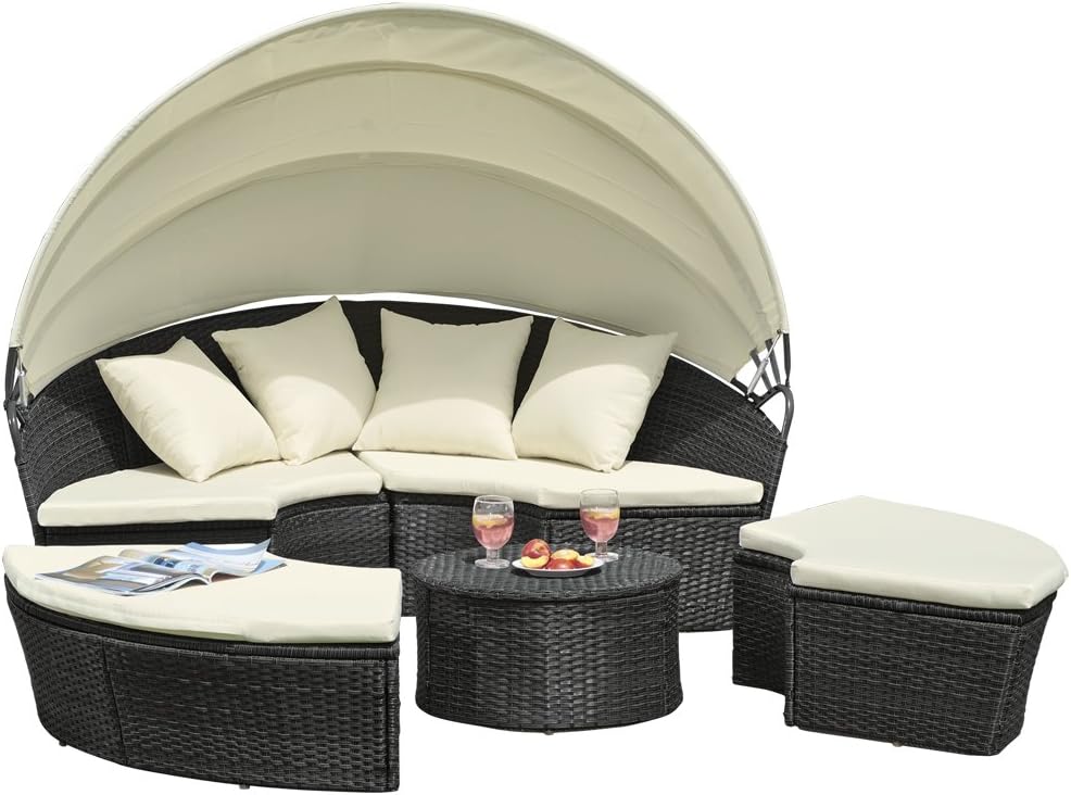 Garden Gear 180cm 4 Piece Black Rattan Daybed Outdoor Furniture Set with Extendable Canopy & Cushions Included