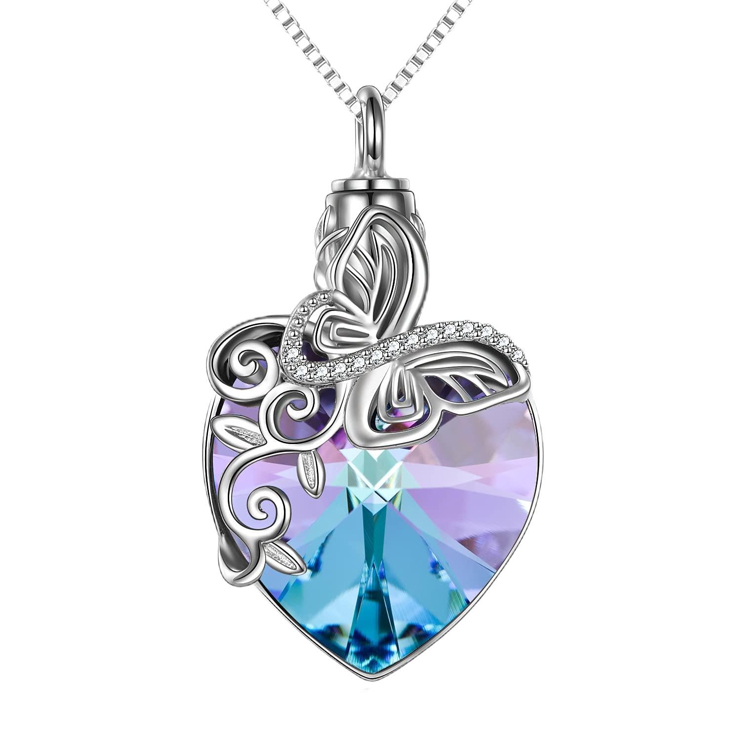 TOUPOP Ashes Necklace for Women Butterfly Urn Necklace for Ashes Sterling Silver Butterfly Pendant Memorial Jewellery with Purple Crystal Cremation Urns Ashes Jewellery Gifts for Women Dad Mum