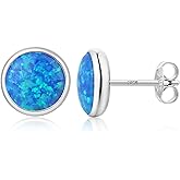 Jiahanzb Opal Stud Earrings for Women Men, 925 Sterling Silver Hypoallergenic Earrings, Round & Oval Bezel Set Created Opal, Multi-Color Jewelry Gift (White/Red/Blue/Green)