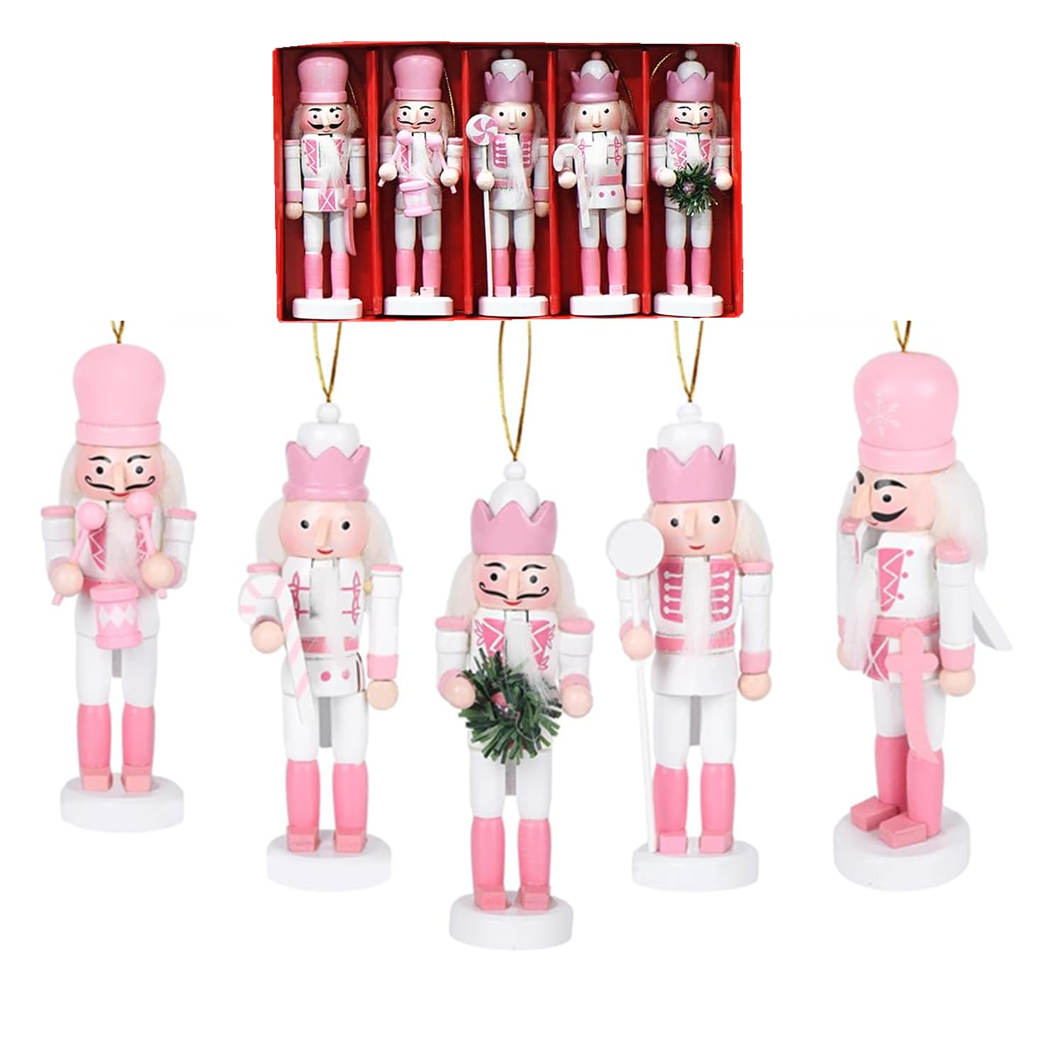 5 P Christmas Wooden Nutcracker Soldiers,12cm Pink Nutcracker King Ornaments,Pine Wood Painted Hanging Nutcracker Christmas Decor for Home Fireplace Xmas Mini Figures Puppet Soldiers Doll Gifts Toy