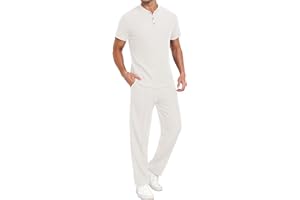 PrinStory Men's Short Sleeve Outfits Waffle Knit Henley Shirt and Pants Set Casual 2 Pieces Summer Tracksuits with Pockets
