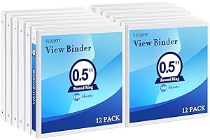 SUQJOY 1/2 Inch 3-Ring Binder, 0.5-inch Round Ring Binder with 2 Inside Pockets, 12 Pack White Binders, Clear View CoverBinder Holds 8.5'' x 11''Paper for Office/Home/Back to School