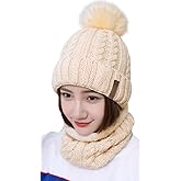IYEBRAO Womens Winter Knit Beanie Hat and Scarf Set Girls Cute Slouchy Thick Fleece Lined Ski Hat Warm Skull Cap with Pom