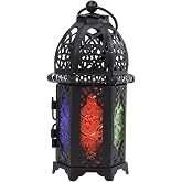 6.7'' Moroccan Lanterns Decorative Indoor & Outdoor Vintage Candle Holder Hanging Tabletop Metal Ramadan Lanterns with Six Color Glasses for Home Patio Porch Decor (Black)