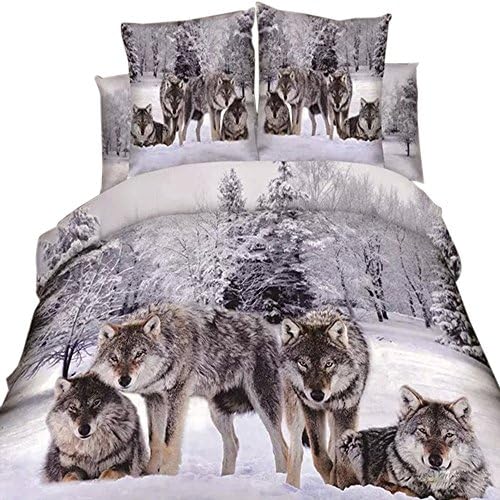 500TC 3D Oil Wolf Bedding Sets 4PC,(1PC Duvet Cover,1PC Bed Sheet,2PC PillowCase ),100% Cotton King Queen Size Wolf Duvet Cover Sheet,Queen/Full Size