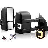Switchback Towing Mirrors for 1999-2016 Ford F250-F550 Super Duty | Flashing Turn Signal Running Light Power Adjustable Heated Glass Smoke Lens with Adapter Harness for 2000-2005 Ford Excursion