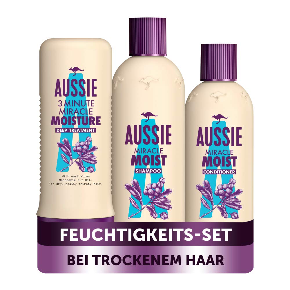 Aussie Hair Care Set: 1 x Miracle Moist Shampoo 300 ml, 1 x Conditioner 250 ml, 1 x Intensive Care 250 ml, for Dry Hair, with Macadamia Nut Oil, Women's Shampoo, Cruelty Free