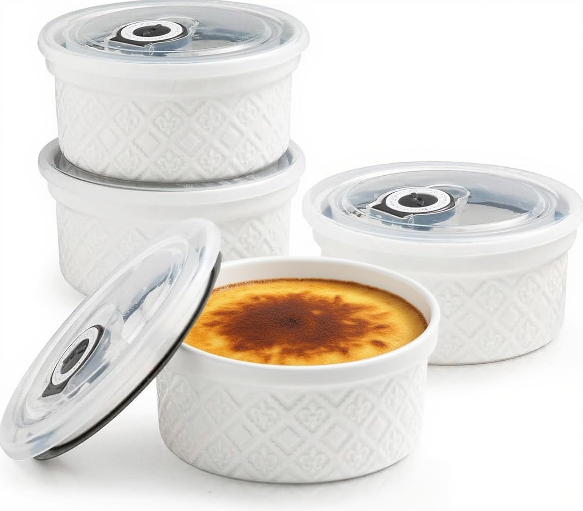 Photo 1 of MISSYSSIM 12 oz Ramekin Oven Safe, Creme Brulee Ramekins with Lids, Small White Ceramic Ramekin, Mini Baking Bowls with Cover Set of 4, Ramekins Assorted Sizes